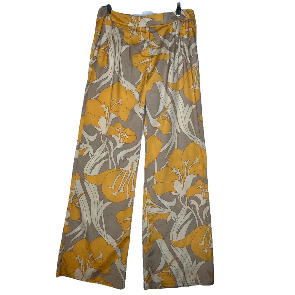 Isaac Mizrahi New York‎ Flowy Yellow Floral Pants Wide Leg 8 Pockets Boho